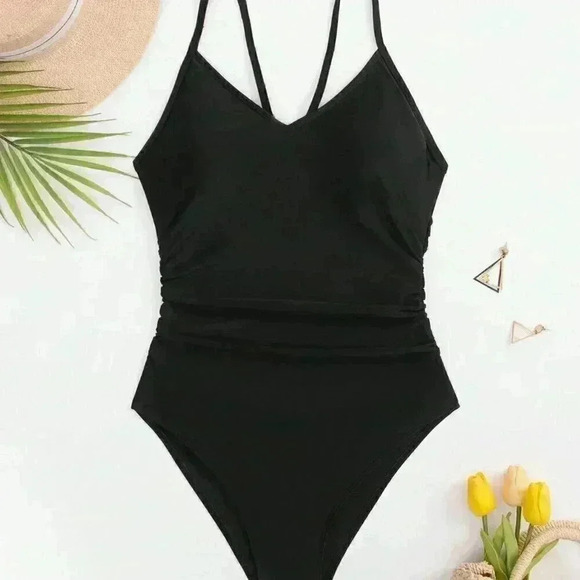 Black Women's Summer Beach Cut Out Ring Linked One Piece Swimsuit - Picture 6 of 8